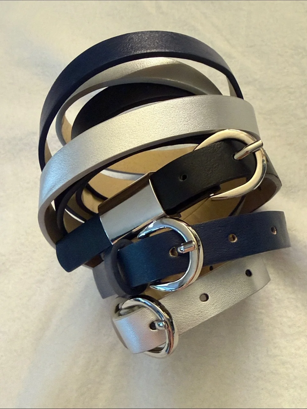 Set of Narrow Skinny Belts in Silver Navy & Black